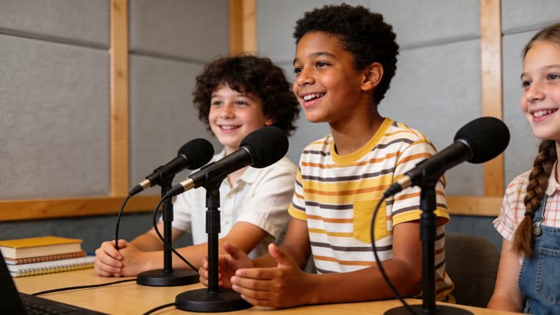 Kids chatting freely in a warm podcast studio