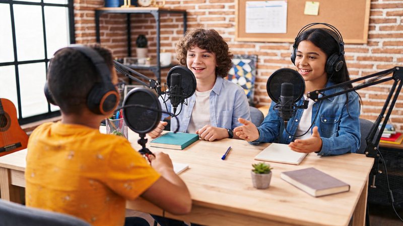 Kids collaborating on a podcast in a modern studio