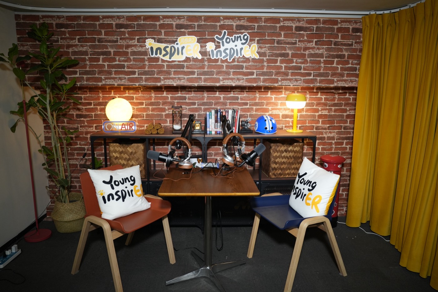 Two-person recording table with microphones in the studio